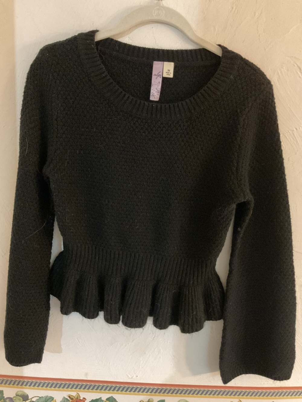 Alya Textured Knit Peplum Sweater w/Bell Sleeves Size M Black